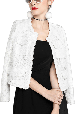 ebossy Women's Elegant Open Front Round Neck Scallop Edge Lace Cardigan Short Jacket Medium White/Fleece Lined