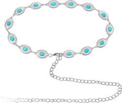 cobee Concho Chain Waist Belts for Women, Turquoise Western Metal Belt Adjustable Cowgirl Belt with Buckle for Jeans Dresses Silver