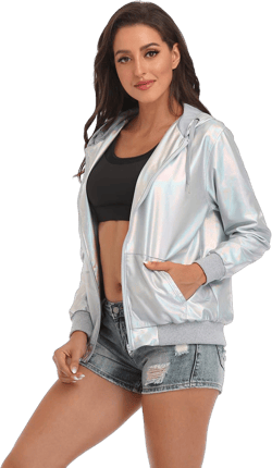 HDE Womens Metallic Holographic Jacket Retro Mens Hip Hop Futuristic Rave Hoodie Large Holographic