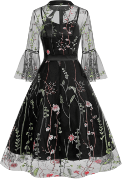 Women's Floral Embroidery Mesh Tulle Dress Wedding Prom Evening Dress Mesh Dress+ Spaghetti Strap Dress 2PCS Medium Floral Black 2pcs