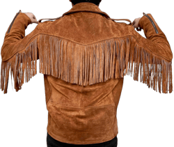 Men Real Tan Suede Fringe Tassel Brando Notch Lapel Collar Vintage Motorcycle Western American Cowboy Jacket Standard X-Large Fringe