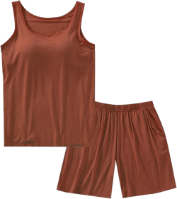 ASHER FASHION Pajamas for Women Two Piece Modal Loungewear Casual Tank Top & Shorts Sleepwear PJ Set with Built-in Bra 3X-Large Brown