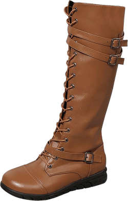 Women's Lace Up Knee High Boots Fashion Riding Combat Boots Gothic Motorcycle Boots Ladies Party Dance Shoes Brown 9.5