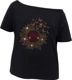 Womens Off The Shoulder Tops Shiny Shirts Short Sleeves Regular and Plus Size Dolman Metallic Tops Black+ Gold Sunflower Large