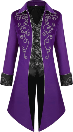 2025 Men's Medieval Gothic Steampunk Tailcoat Jacket Vintage Embroidery Velvet Mid-length Victorian Frock Coat Tuxedo Large Purple