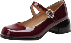 Women's Round Toe Low Chunky Heel Mary Janes with Rhinestones Buckle Strap Patent Leather Block Heels Comfort Dress Mary Jane Shoes Vintage Daily Dating Work Pumps 11 Claret