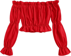 LYANER Women's Off Shoulder Ruffle Trim Puff Long Sleeve Tube Crop Blouse Shirt Top Small Red