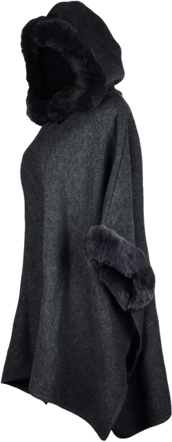 Women's Hooded Cloak Faux Rabbit Fur Cape Wrap Wool Coat Cardigan Poncho Warm One Size Dark Grey
