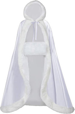 Full Length Wedding Hooded Cloak for Bride and Women. Beautiful Wedding Cape for Winter Wear, Work, Concerts, Everyday. Perfect for Formal. 50 to 55" Long with Fur Trim, Hood, Hand Muff, White 55"