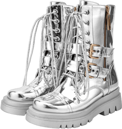 Women's Combat Boots Military Motorcycle Riding Silver Lace up Mid Calf Boots Buckle Zipper Platform Chunky Heel Metallic Leather Ankle Boots for Women Silver 7