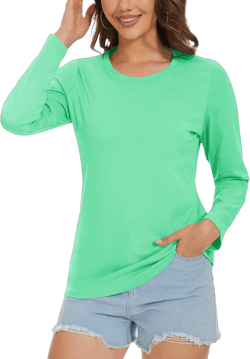 TACVASEN Women's Long Sleeve Shirt Lightweight Cotton Crewneck T-Shirts Breathable Classic-Fit Casual Tops Basic Tees Mint Green Large
