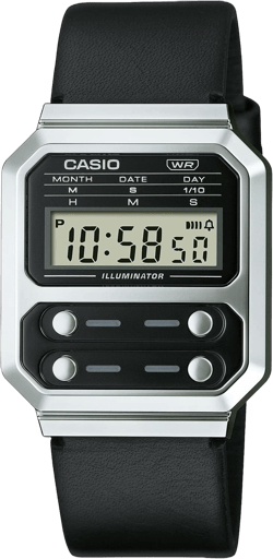 Casio A100 Series Men's Digital Wristwatch, Reproduction Design, Overseas Model Silver X Black Leather Band A100wel-1a