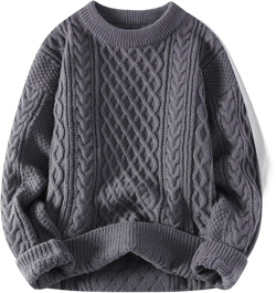 Women Cable Knit Vintage Chunky Sweater Loose Casual Knitted Sweater Unisex Woven Crewneck Knitted Top Medium Grey