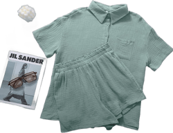 Flygo Womens Casual 2 Piece Outfits Cotton Linen Sets Button Down Shirt Shorts Resort Wear 2024 Pajama Beach Set Grey Green Small