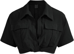 Verdusa Women's Short Sleeve Collar Neck Flap Pocket Twist Front Crop Top Shirts Large Black