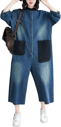 PAODIKUAI Women Oversize Long Sleeve Wide Leg Button Up Denim Romper Overalls Patch Jean Jumpersuit 2X S1-blue