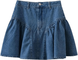 Hndudnff Women's Denim Skirt High Waist Solid Color Patchwork Light Blue A-Line Pleated Mini Skirt Medium Denim Blue