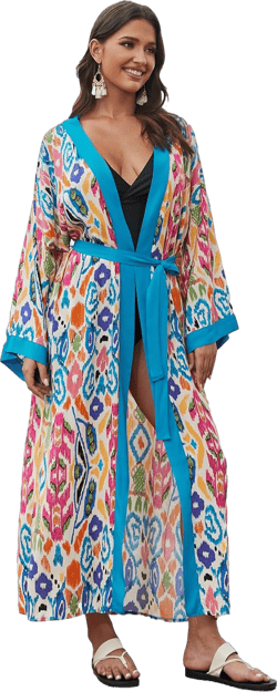 Geometry Floral -Kimonos for Women Loose Over Sized Kimono Robe with Belt Color Block Long Kimono Open Front Long Sleeve Flowy Kimono Cardigans Boho Cotton Kimono Jacket Kimono Dress (23100-5)