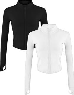 Gihuo Women's 2 Pack Athletic Yoga Jacket Cropped Full Zip Jackets Long Sleeve Lightweight Workout Tops with Thumb Holes X-Small Black+white