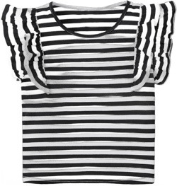 OYOANGLE Girl's Striped Cap Sleeve Round Neck Ruffle Trim Tee Top Casual Tee Shirt Tops Black and White 9Y