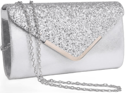 Dasein Women Evening Bags Formal Clutch Purses for Wedding Party Prom Handbags with Shoulder Strap and Glitter Flap Silver With Silver-tone Hardware