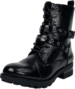 Yolanda Zula Women Black Work Boots Lace up Mid-Calf Combat Booties Motorcycle Punk Buckle Shoes Side Zipper 7.5