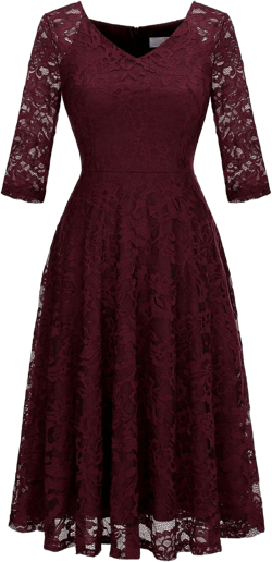 Dressystar Womens Long-Sleeve Wedding Guest Dress A-Line Lace Formal Party Cocktail Midi Dress Prom Gown Burgundy Large
