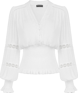 Scarlet Darkness Women's Renaissance Peasant Blouse V Neck Lantern Sleeve Lace Smocked Tops Medium White