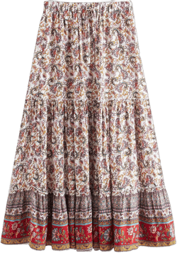 Milumia Women Boho Vintage Floral Print Long Skirt Summer Tiered Maxi Skirt Small White