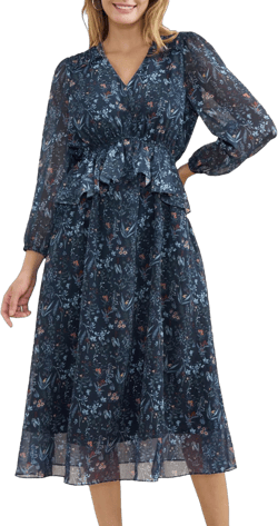 Women's Floral Split Midi Dress 2025 Spring Long Sleeve Ruffle Chiffon Dress with Pockets Wedding Guest Dress XX-Large Navy Blue