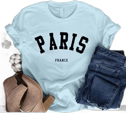 Fkatuzi Paris Shirts France Tshirts for Women Graphic Tee Vintage Letter Print T Shirts Paris Themed Gifts Cotton Tops Small Light Blue