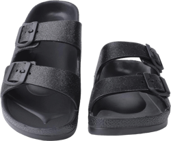 Unisex Men‘s and Women’s Lightweight Flat Sandals Waterproof Comfort Soft Slides Double Buckle Adjustable EVA Slip-on Flat Sandals 8 Women/6 Men Glitter Black