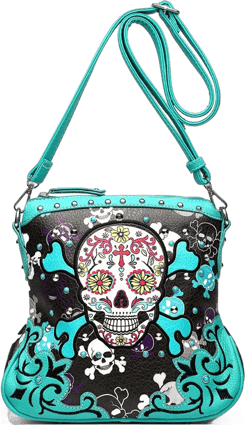 Sugar Skull Day of the Dead Cross Bone Rock Metallic Purse Skeleton Leather Purse Women Crossbody Handbag Shoulder Bag Teal
