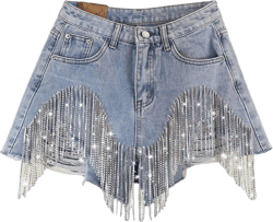 Women's Diamond Tassels Denim Shorts Summer High Waist Ripped Jeans Shorts with Rhinestone Fringe