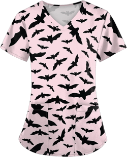 Women's Halloween Shirt Fashion Bat Printing Lightweight Scrub Top Casual V Neck Short Sleeve Comfy Uniform