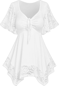 ROSE GAL Women's Plus Size Flower Lace T-Shirt Curve Flower Lace Insert Criss Cross Batwing Sleeve Handkerchief Top White 1X