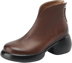TinaCus Genuine Leather Women's Round Toe Mid Heels Platform Handmade V-Shaped Ankle Boots with Back Zipper 7 Brown