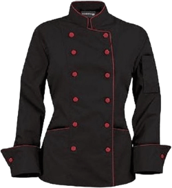 Long Sleeves Tailored Fit Chef Jacket Coat Uniform for Women for Food Service, Caterers, Bakers and Culinary Professional (L (to Fit Bust 38-39), Black (Red Trim))