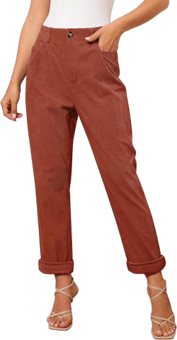 GRAPENT Corduroy Pleated Pants for Women Casual Stretchy High Waisted Straight Leg Trousers Loose Fit Slacks with Pockets Medium Rust