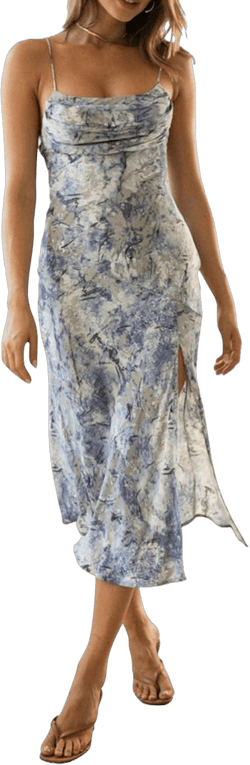 xxxiticat Women's Floral Satin Midi Dress Sleeveless Spaghetti Straps High Split Abstract Line Print Cowl Neck Party Dresses XX-Large Blue