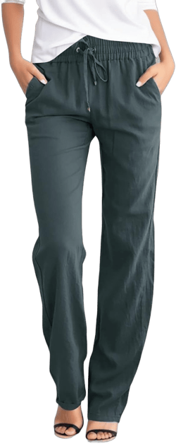 Womens Linen Casual Pants Summer Drawstring Elastic Waist Straight Leg Pants Lounge Comfort Lightweight Trousers with Pockets Summer Pants A3Dark Gray, XL