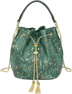 Women Luxury Evening Clutch Bag Snake Printed Leather Top Handbag Shoulder Bag with Goldfish Lock Drawstring, Green
