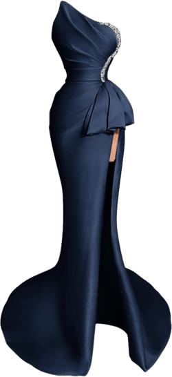 Strapless Evening Gowns 2024 Beaded Satin Ruched Mermaid High Slit Long Prom Dresses for Women Navy Blue 16 Plus