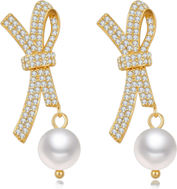 YUJIE Gold Bow Earrings for Women Teen Pink Bowtie Dainty Long Tassel Drop Stud Trendy Statement Jewelry Gift Bow-Pearl-1