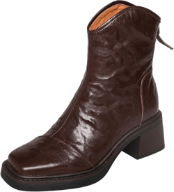 TinaCus Women's Handmade Genuine Leather Back Zip Square Toe V-Cut Platform Mid Block Heel Ankle Boots 7 Brown