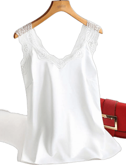 DanceeMangoo Lace Strap Silk Top Women Sexy V Neck Sleeveless WhiteVest Satin Elasticity Mesh Silk Tank Tops Women Basic Plus Size Camisole