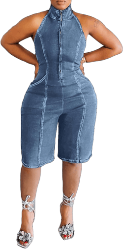 SOMTHRON Women's Casual Sleeveless Denim Romers Backless Halter Zipper Front Jean Shorts One Piece Jumpsuit X-Large Light Blue