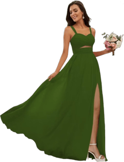 YAUTKA Chiffon Bridesmaid Dresses for Women Slit Long Spaghetti Straps Pleated Sweetheart A Line Formal Party Dress 2024 12 Olive Green