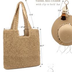 Straw Beach Tote Bag with Tassel Hat Clip for Travel Vocation, Lightweight Raffia Summer Shoulder Bag for Women Khaki
