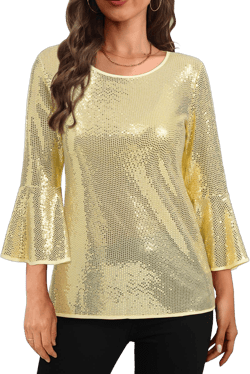 Holipick Sequin Tops for Women 3/4 Bell Sleeve Blouse Shimmer Sparkly Glitter Shiny Metallic Party Dressy Tops Gold X-Large